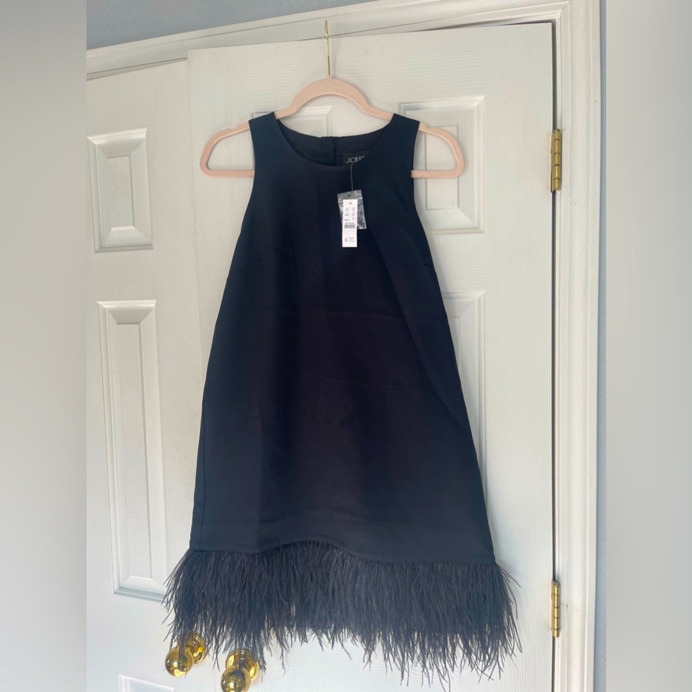 NWT J.Crew Black Crepe feather-trim shift dress. Size Small